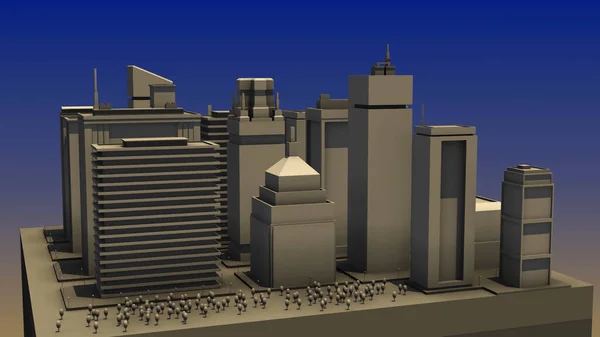 Abstract 3D layout of city. Animation. Model layout and landscape of modern city with high-rises. Modern graphic model of city from all sides on changing background