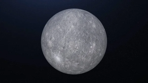 在恒星背景下旋转水星的抽象动画。 动画。 摘要行星汞的灰色表面。 行星汞背景下的行星动画 — 图库照片