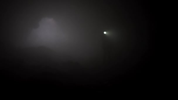 Paisaje oscuro y místico de alguien moviéndose dentro de la oscura cueva de niebla con una antorcha en sus manos. Imágenes de archivo. Hombre sosteniendo una antorcha en la cueva subterránea . — Vídeo de stock