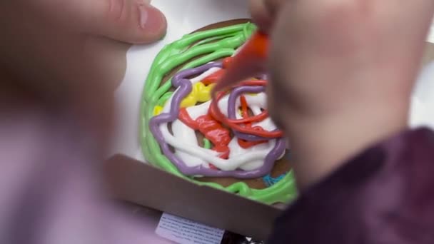 View over the shoulder of the woman hand squeezing colorful glaze on the gingerbread cakes, street fair. Clip. Close up of baked cake with glaze. — 비디오