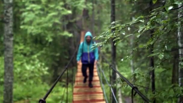 橋の上を歩く旅行者の背景にある緑の木の枝。ストック映像だ橋の上に男と美しいぼやけた背景と雨滴と風に揺れる葉 — ストック動画