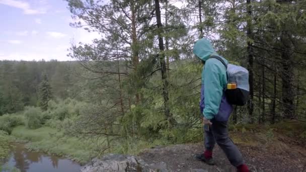 El viajero caminó hasta el borde del bosque en el fondo. Imágenes de archivo. Viajero se encuentra en el borde del acantilado en el fondo del paisaje del bosque de coníferas río y cielo nublado — Vídeo de stock