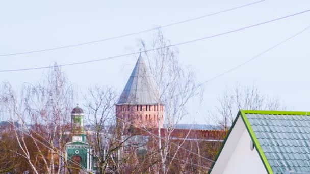Pohled na střechu chrámu a pevnostní budovy. Záběry ze skladu. Krásná červená cihlová věž pevnosti a kopule katedrály jsou viditelné zpoza holých stromů na podzim — Stock video