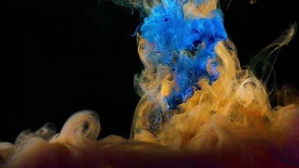 Κοντινό πλάνο της ροής έγχρωμων χρωμάτων στο νερό. Στικ. Μακροεντολή όμορφη βουτιά του χρωματιστού μελανιού στο νερό σε μαύρο φόντο — Αρχείο Βίντεο
