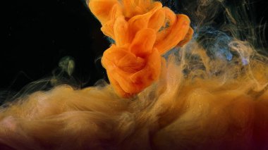 Sudaki renkli boyaların akışına yakın çekim. Stok görüntüleri. Siyah zemin üzerinde suda güzel renkli mürekkep sıçraması makrosu