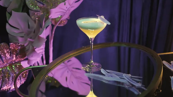 En cocktail dekorerad med fjädrar på en restaurang. Lagerbilder. Närbild av alkoholhaltiga drycker i Martini glas stående på ett bord i ett lila rum med konstgjorda blommor på bakgrunden. — Stockfoto