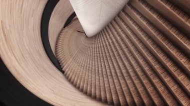 Kahverengi renkli soyut spiral merdiven. Animasyon. Soyut iç mekan ayrıntıları, sarmal ahşap bir merdivenin merdivenleri boyunca geriye doğru hareket etmek ve bir duvar, kusursuz bir döngü..