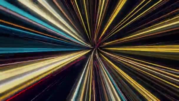 Flying in space with luminous neon lines. Animation. Jump in hyperspace with colorful light beams on black background, seamless loop. — Stock Video