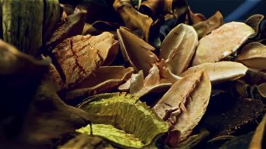 Kuru ağaç kabuğu parçalarını dönen bir tabakta kapat. Stok görüntüleri. Ev dekorasyonu elementi, ağaç kabuğu ve bitki yaprakları koyu bulanık arka planda dönen tabakta.