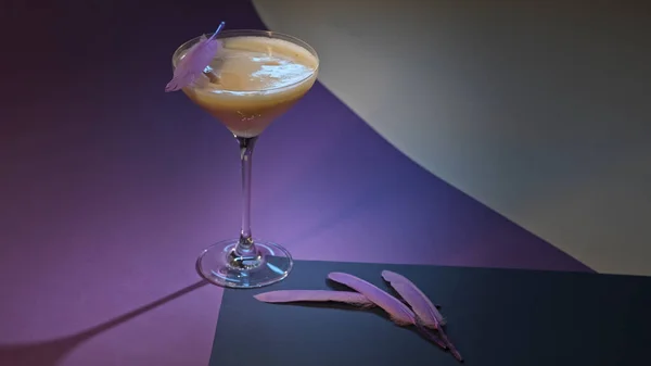 Boisson alcoolisée rafraîchissante en verre de martini. Images d'archives. Gros plan de boisson servie sur une surface lilas et blanche et décorée de petites plumes violettes . — Photo