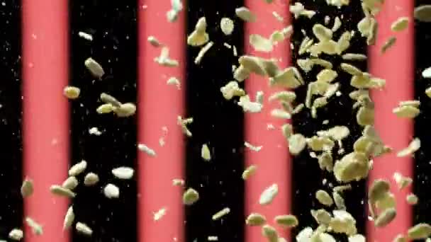 Κοντινό πλάνο από νιφάδες βρώμης που πέφτουν κάτω. Στικ. Πιτσιλιές βρώμης, μικρές νιφάδες που πετούν σε μαύρο φόντο με κόκκινες κάθετες ρίγες, έννοια του υγιούς πρωινού. — Αρχείο Βίντεο
