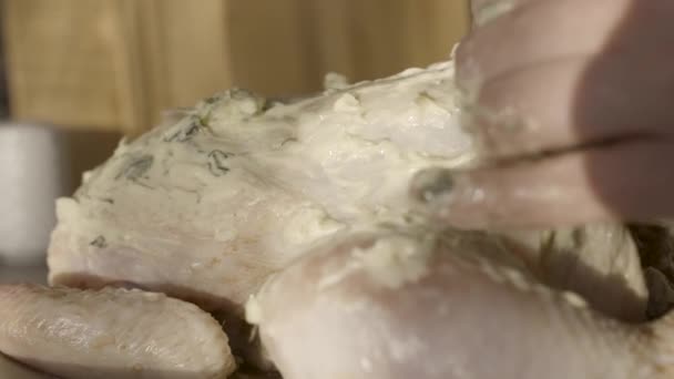 Close up of female hands filling raw chicken carcass with thick sour cream dressing with greenery. Stock footage. Woman preparing chicken for backing, foodporn concept. — Stock Video