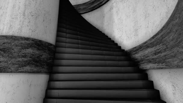 Subiendo las escaleras negras en forma de espiral a lo largo de paredes grises, bucle sin costuras. Animación. Vista minimalista del movimiento a través de la espiral staicase, monocromo . — Vídeo de stock