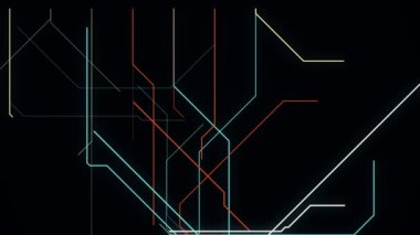 Elektronik metro haritası. Animasyon. Neon çizgileri belirtilmiş rota boyunca ilerler ve siyah arkaplan üzerinde şematik animasyon oluştururlar