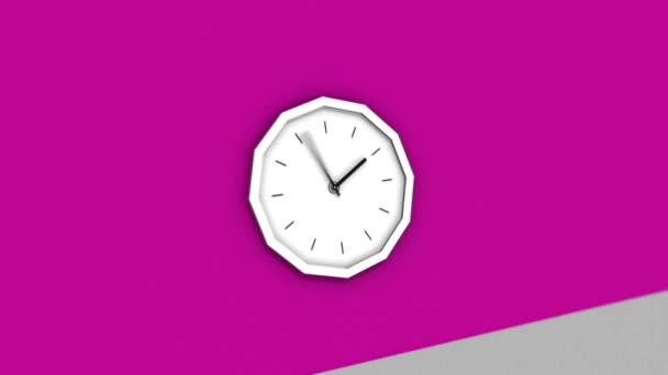 An der Wand hängt eine abstrakte Uhr. Animation. Runde Uhr auf rosa Wandhintergrund mit Zeigern, die sich schnell bewegen, Zeitkonzept und Zeitraffer-Effekt weitergeben. — Stockvideo