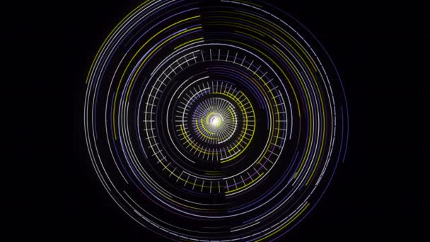 Rotazione radar futuristica, programma di ricerca attivato. Animazione. Cerchi ipnotici astratti che si muovono e lampeggiano su sfondo nero, loop senza soluzione di continuità . — Video Stock