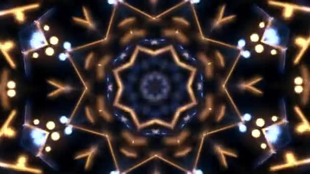 Abstracte kaleidoscoop beweging graphics. Animatie. Mooi sterrenpatroon in hypnotiserende beweging met veranderende figuren op zwarte achtergrond, naadloze lus. — Stockvideo