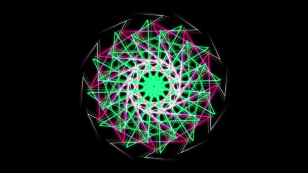 Hypnotický kaleidoskop s animovanými zářícími geometrickými tvary neonu. Akciová animace. Abstraktní kaleidoskop vzor s pestrobarevnou pohybovou grafikou pozadí, bezešvé smyčky. — Stock video