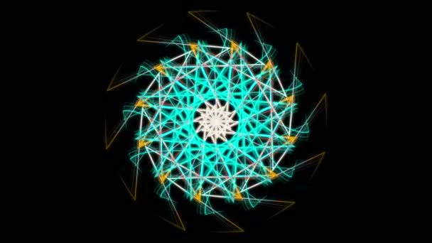 Гипнотический калейдоскоп с анимированными светящимися неоновыми геометрическими фигурами. Акции анимации. Абстрактный пейдоскоп с многоцветным графическим фоном движения, безseamloop . — стоковое видео