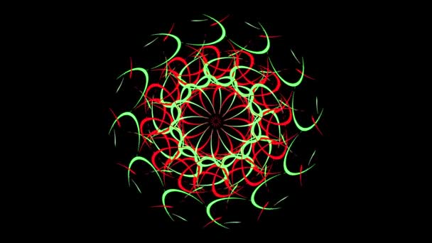 Abstract round figure formed by bended lines. Stock animation. Colorful shape looking like the sun with rays of curved lines, kaleidoscope pattern on black background, seamless loop. — Stock Video