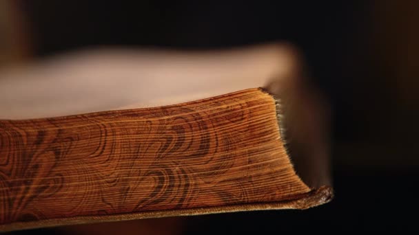 Gros plan du vieux livre ouvert avec un beau motif sur le bord des pages jaunes. Images d'archives. Vue latérale d'un livre ancien isolé sur fond noir. — Video