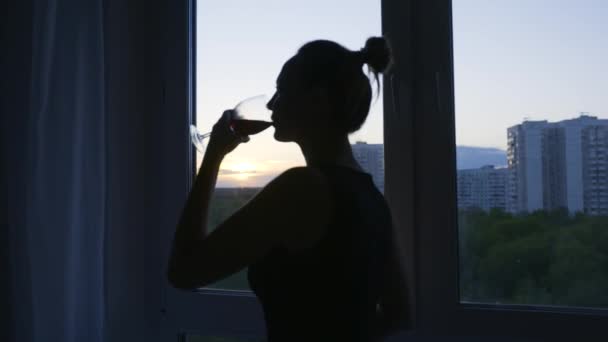 Kobieta pije wino z przyjemnością na tle okna. Akcja. Atrakcyjna kobieta pije czerwone wino w domu. Sylwetka kobiety pijącej wino na tle okna wieczornego — Wideo stockowe