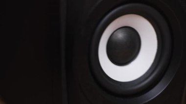 Beyaz yüzükle titreşen bas hoparlör zarını. Kavram. Hareket eden alt woofer 'ı kapatın, hoparlör parçaları siyah zar ile ses dalgaları ve titreşimler yayıyor..