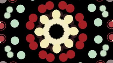 Renkli çiçekli daire patlaması, hareketli grafikler arka plan, kusursuz döngü. Animasyon. Kaleydoskop etkisi olan yuvarlak şekillerin çok renkli soyut hareketi.