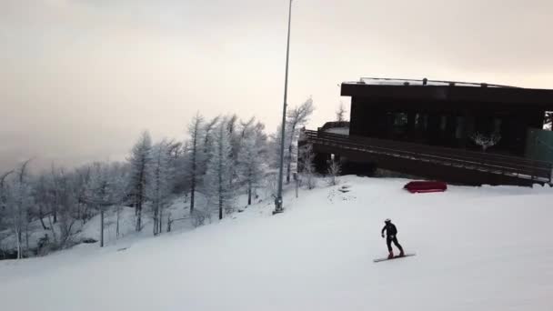 Muž klouže po snowboardu a sjíždí z kopce. Záběry ze skladu. Letecký pohled na krajinu lyžařských a snowboardových sjezdovek podél holých zimních stromů a snowboardisty. — Stock video