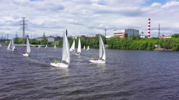 Sailing yachts on background of factories. Video. Top view of beautiful group of sailing yachts floating near coast with industrial plants — Stock Video