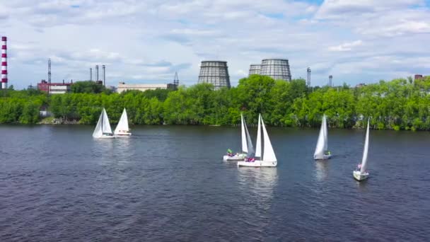 Sailing yachts on background of factories. Video. Top view of beautiful group of sailing yachts floating near coast with industrial plants — Stock Video