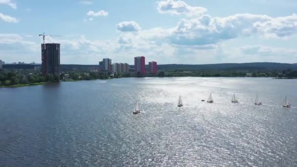 Yates de vela en el fondo de la costa con edificios de gran altura de la ciudad. Vídeo. Vista superior de hermosos yates de vela flotando en línea en el fondo de la ciudad situada en la orilla — Vídeos de Stock