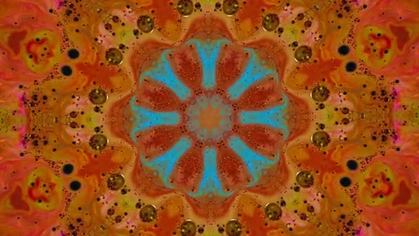 Abstract background with kaleidoscopic forms, trance and meditation concept. Media. Acrylic bright paints forming round mandala pattern with a variety of shapes, seamless loop.