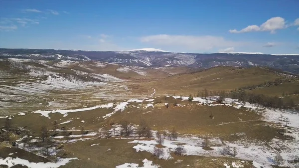 Autumn morning in mountains, yellow grass and snow covered. Clip. Aerial view of growing coniferous forest and snowy rocks on blue cloudy sky background.