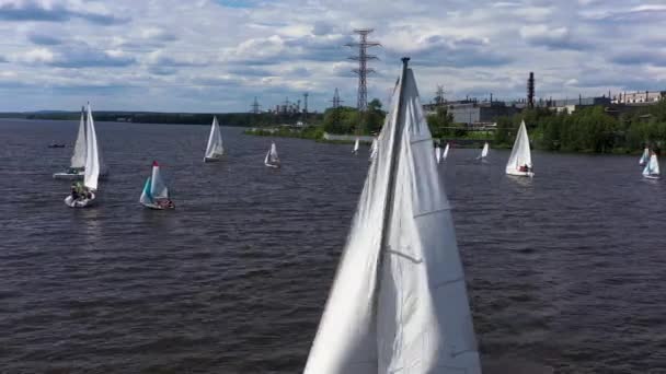 Bella vista lago con molte barche a vela bianche sulla grande città Ekaterinburg sfondo. Un video. Bellissimo sfondo della natura estiva, concetto di stile di vita attivo e sport acquatici. — Video Stock