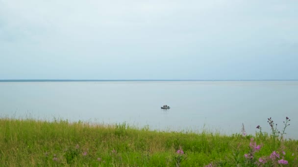 Grasstrand im Hintergrund des Sees mit Motorboot. Konzept. Meereslandschaft mit Grasstrand und Fischern, die auf einem Schlauchboot im See schwimmen — Stockvideo