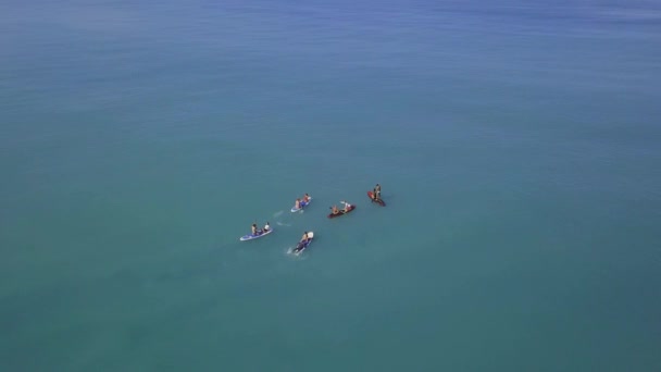Turistas flotando en SUP Board en mar azul. Clip. Vista superior del grupo de personas en SUP-Boards flotando en el mar tranquilo y claro. Vacaciones de verano en el mar con tablas SUP — Vídeos de Stock