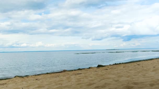 Piękny widok na morze z czystą piaszczystą plażą i zachmurzonym horyzontem. Koncepcja. Piaszczysta plaża nad pięknym jeziorem bez ludzi. Jezioro z zieloną roślinnością i piaskiem — Wideo stockowe