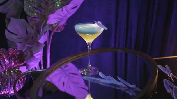 Alcoholische drank op lila decoratieve stof en kunstplanten. Voorraadbeelden. Prachtige compositie met een martini glas, cocktail met witte room, gekleurde paarse veren op de glazen tafel. — Stockvideo