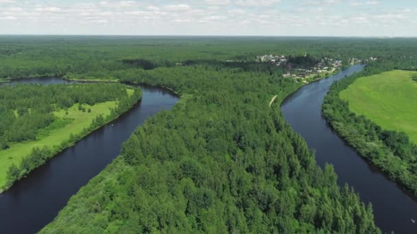 Vue de dessus de la forêt verte avec des rivières et un village sur l'horizon de fond avec un ciel bleu. Fusillade. Beau paysage d'été avec forêt verte et rivières bleues
