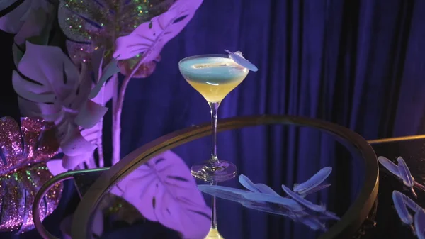 Alkoholhaltig dryck på lila dekorativt tyg och konstgjorda växter. Lagerbilder. Vacker komposition med en martini glas, cocktail med vit grädde, färgade lila fjädrar på glasbordet. — Stockfoto
