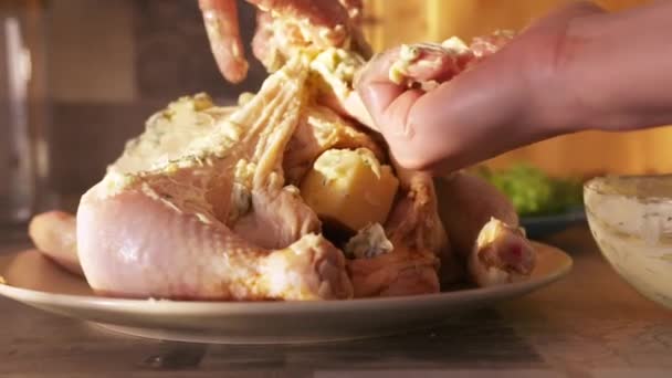 Surowy, marynowany kurczak do pieczenia w piekarniku. Akcja. zbliżenie kobieta ręka wprowadzenie biały krem sos z zielenią i czosnek wewnątrz kurczaka, foodporn koncepcja. — Wideo stockowe