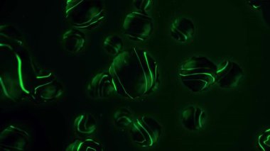 Siyah arka planda neon çizgileri olan toplar uçar. Animasyon. Neon nano toplar moleküller gibi ağırlıksız hareket eder. Uzayda titreşen ve hareket eden 3 boyutlu toplar