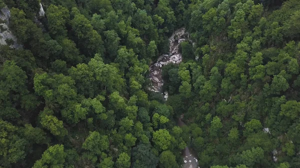 Vista superior del río en las montañas rodeadas por un bosque verde. Clip. Vista aérea de árboles verdes y el vapor de agua fría con piedras grandes . — Foto de Stock