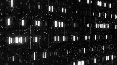 Koyu arkaplanda yeşil matris çizgileri. Animasyon. Bilgisayar alanında dijital şeritler hareket ediyor. Matris biçiminde yeşil çizgili arkaplan