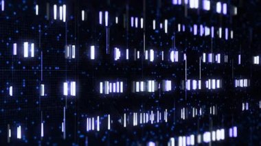 Koyu arkaplanda parlak çizgileri olan üç boyutlu dijital arkaplan. Animasyon. Hareket eden neon çizgili siber arkaplan. Hareket eden ağ şeritleri ile dijital arkaplan