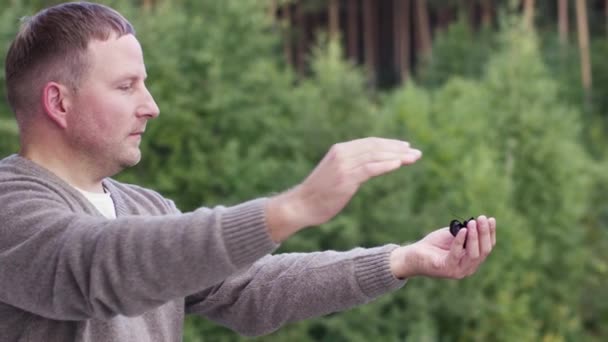 Homme caucasien avec un gros papillon de couleurs noires et jaunes à la main. Vidéo. Vue latérale d'un homme d'âge moyen touchant un papillon tropical sur le fond de forêt verte. — Video