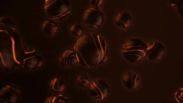Яйца с неоновыми линиями летят на темном фоне. Анимация. Неоновые наношарики, такие как молекулы, движутся в невесомости. 3D шары, вибрирующие и движущиеся в пространстве — стоковое видео