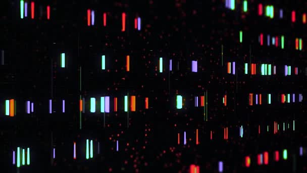 3D elektronisk bakgrund med rörliga neonränder. Animering. Neonränder rör sig i rader på svart digital bakgrund. Digitalt fält med rörliga ljusband — Stockvideo