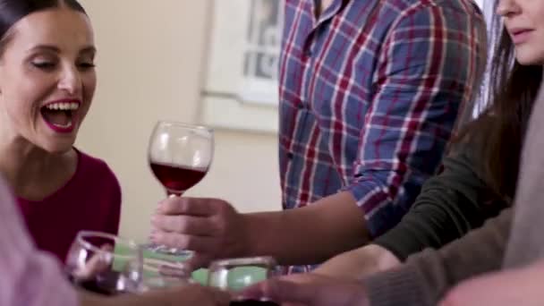 Retrato de hermosos amigos felices sin preocupaciones tintineando copas de vino tinto. Vídeo. Hombres y mujeres relajándose y divirtiéndose, concepto de fiesta y celebración . — Vídeos de Stock